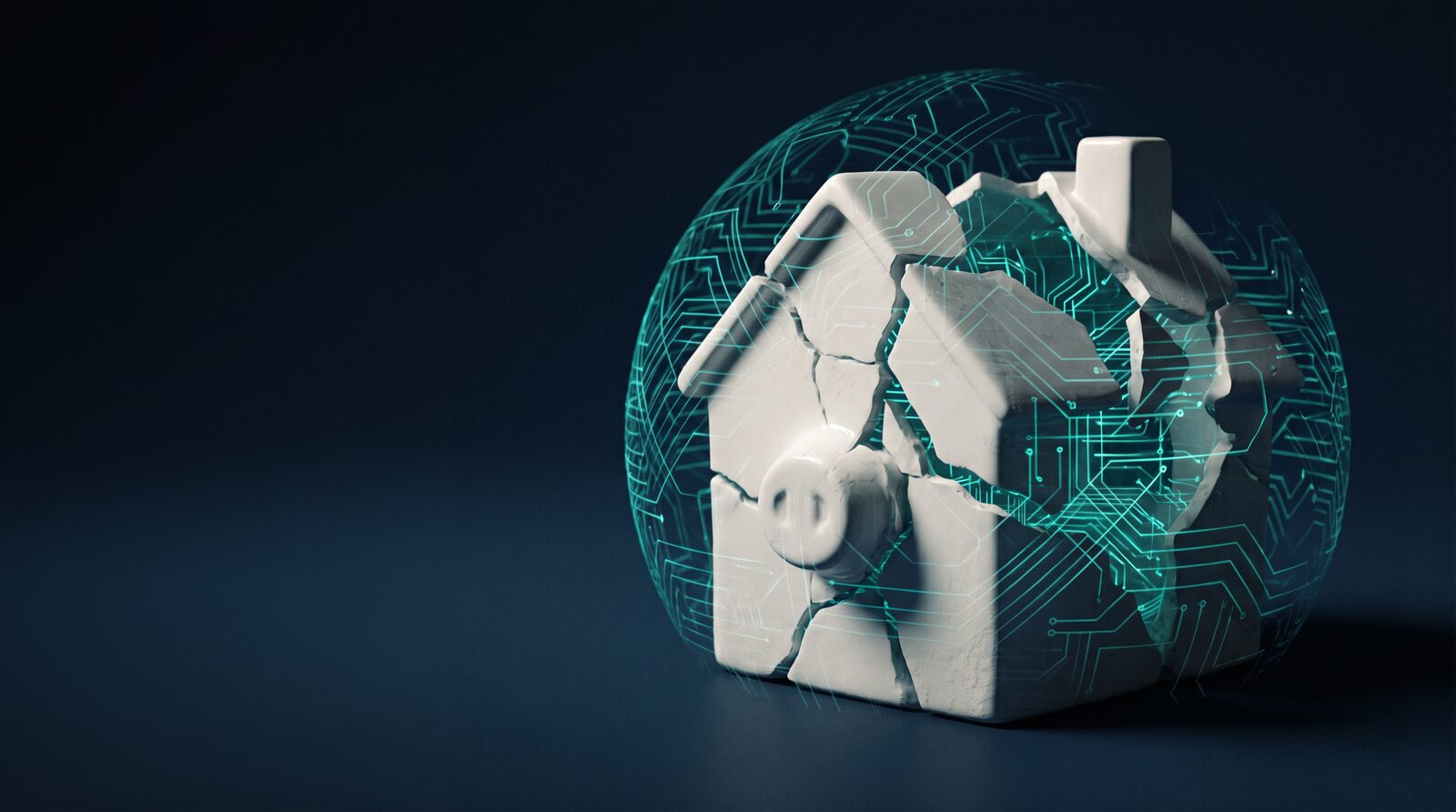 A cracked ceramic family home overlaid with teal circuit patterns — representing how 530,000 families a year are bankrupted by healthcare bills the system has the resources to prevent